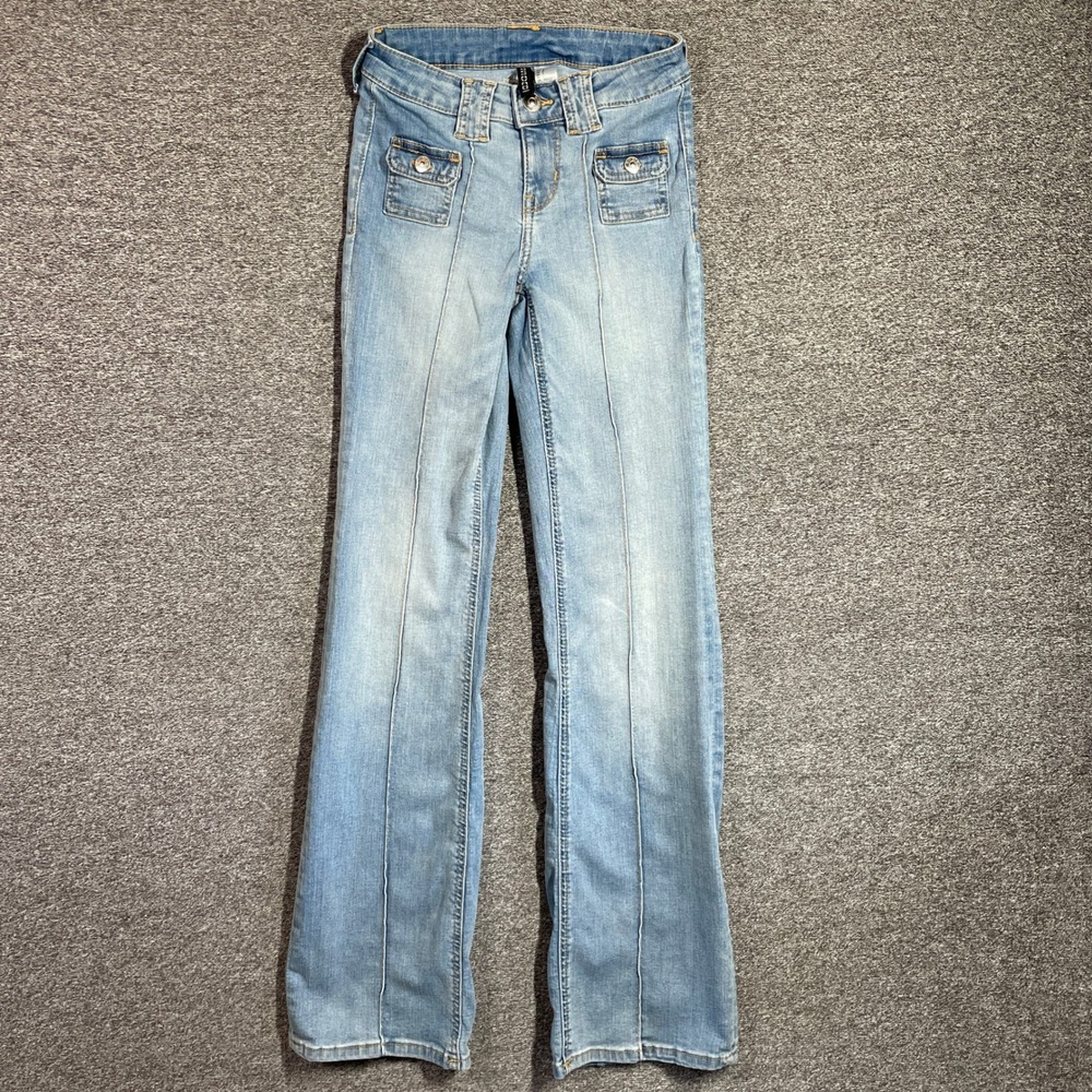 HM Divided Light Wash Flare Jeans Front Seam Flap Pockets Size 0